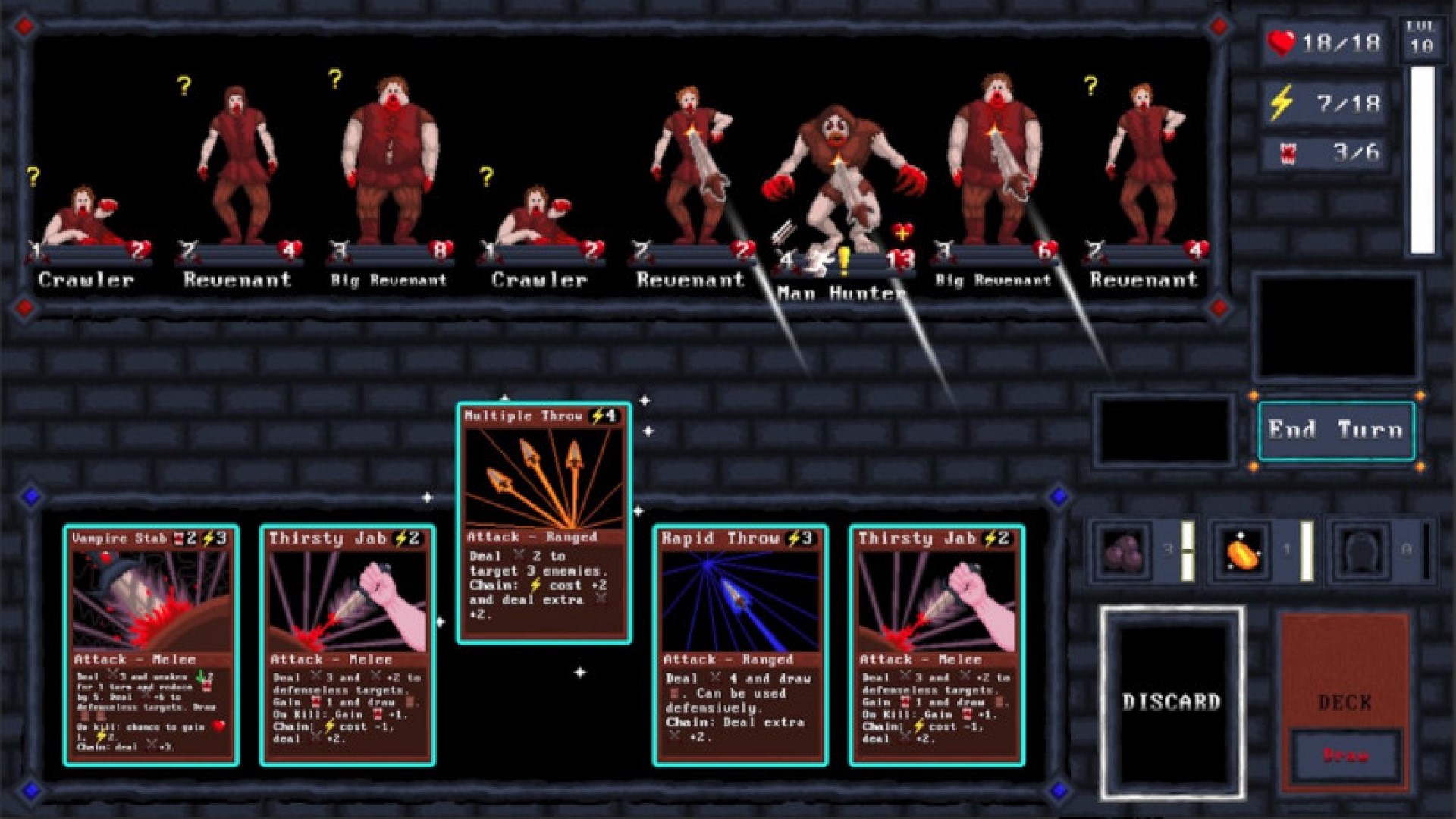 An array of red suited characters with cards at the bottom of the screen