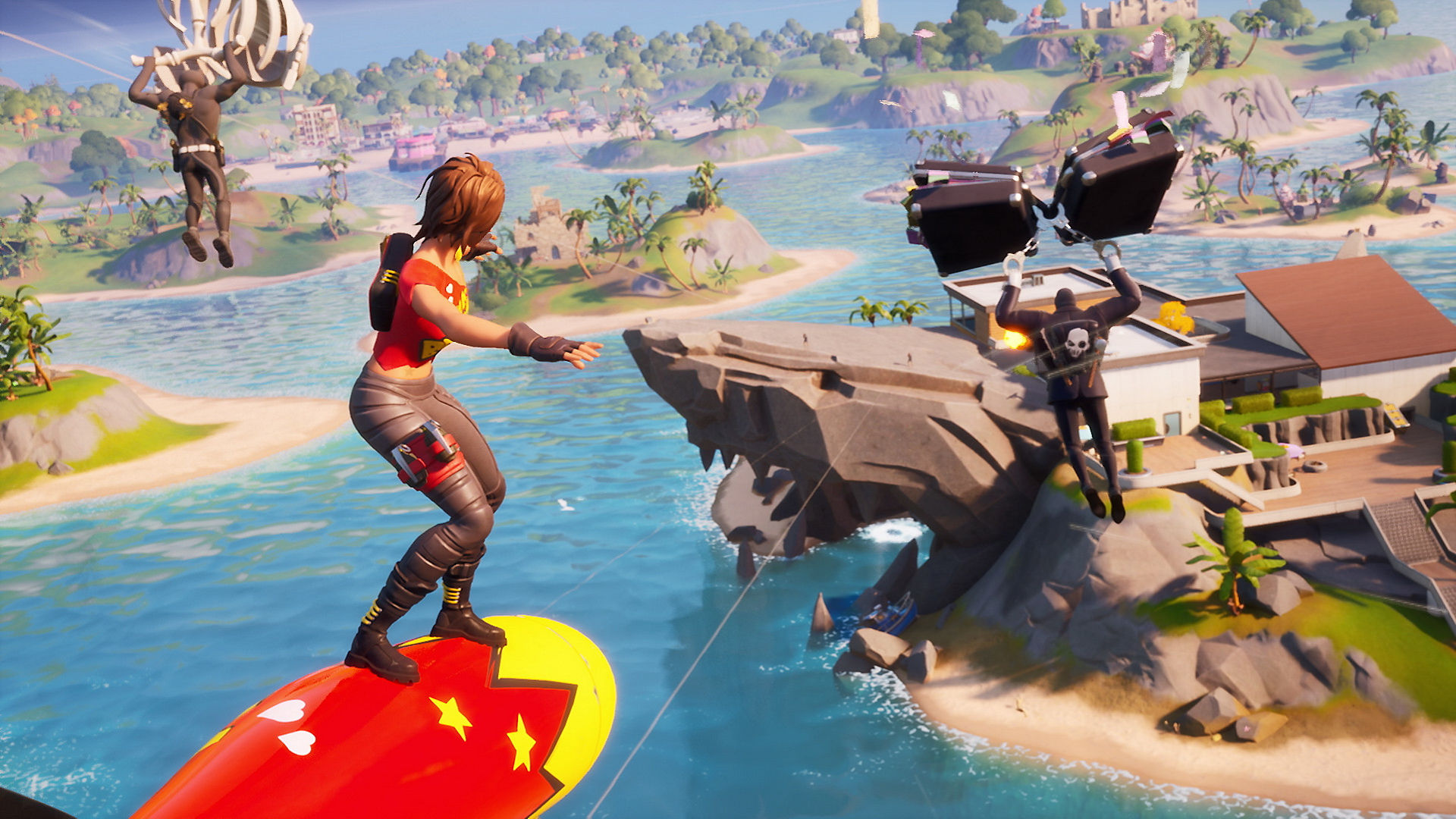 Fortnite android: a character on a hoverboard over the water