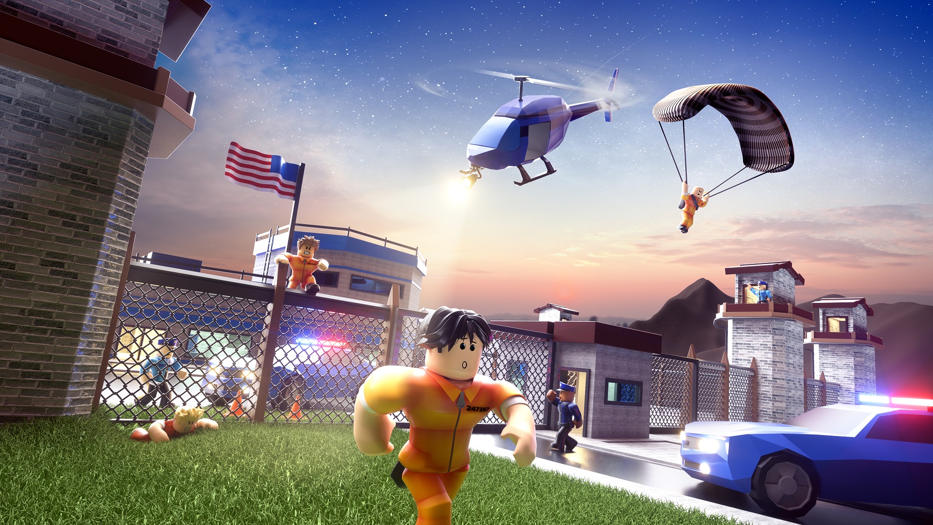 An image of Roblox characters escaping from a prison, with helicopters and police cars chasing them.