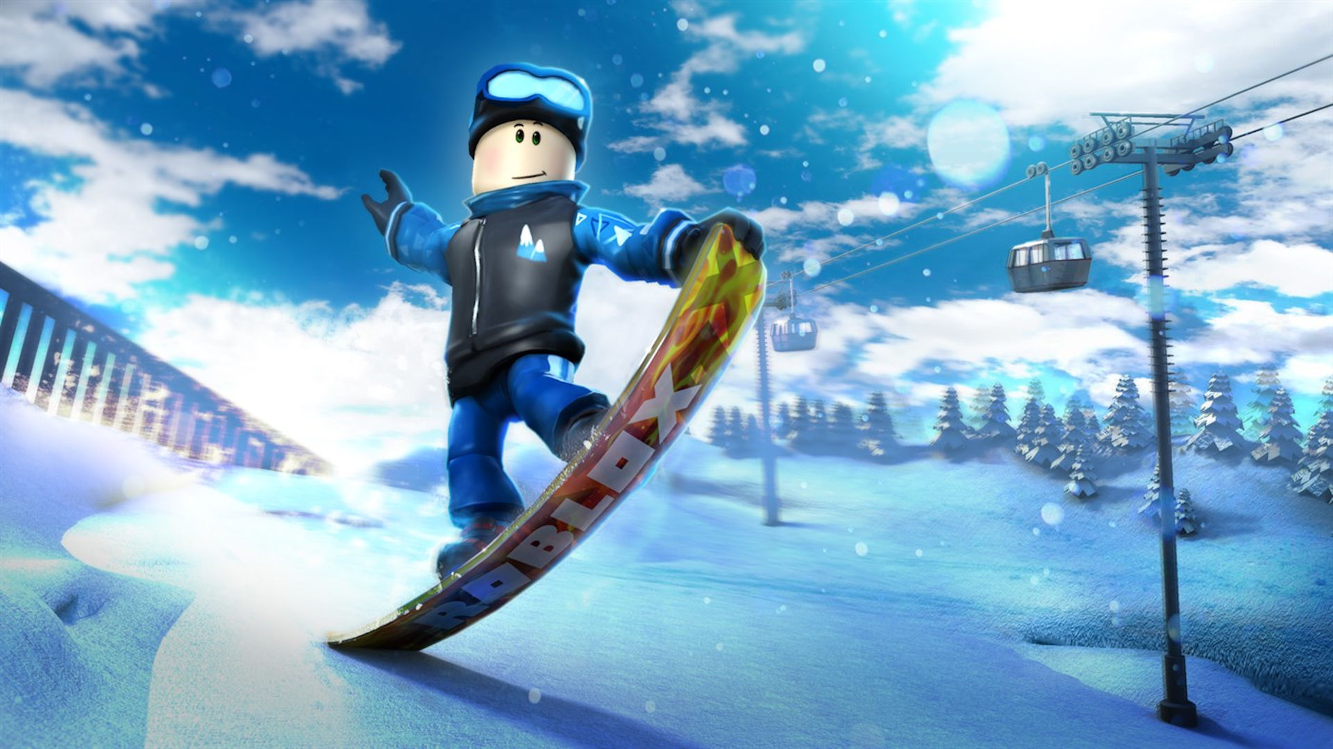 A Roblox character riding a snowboard down a snowy slope.
