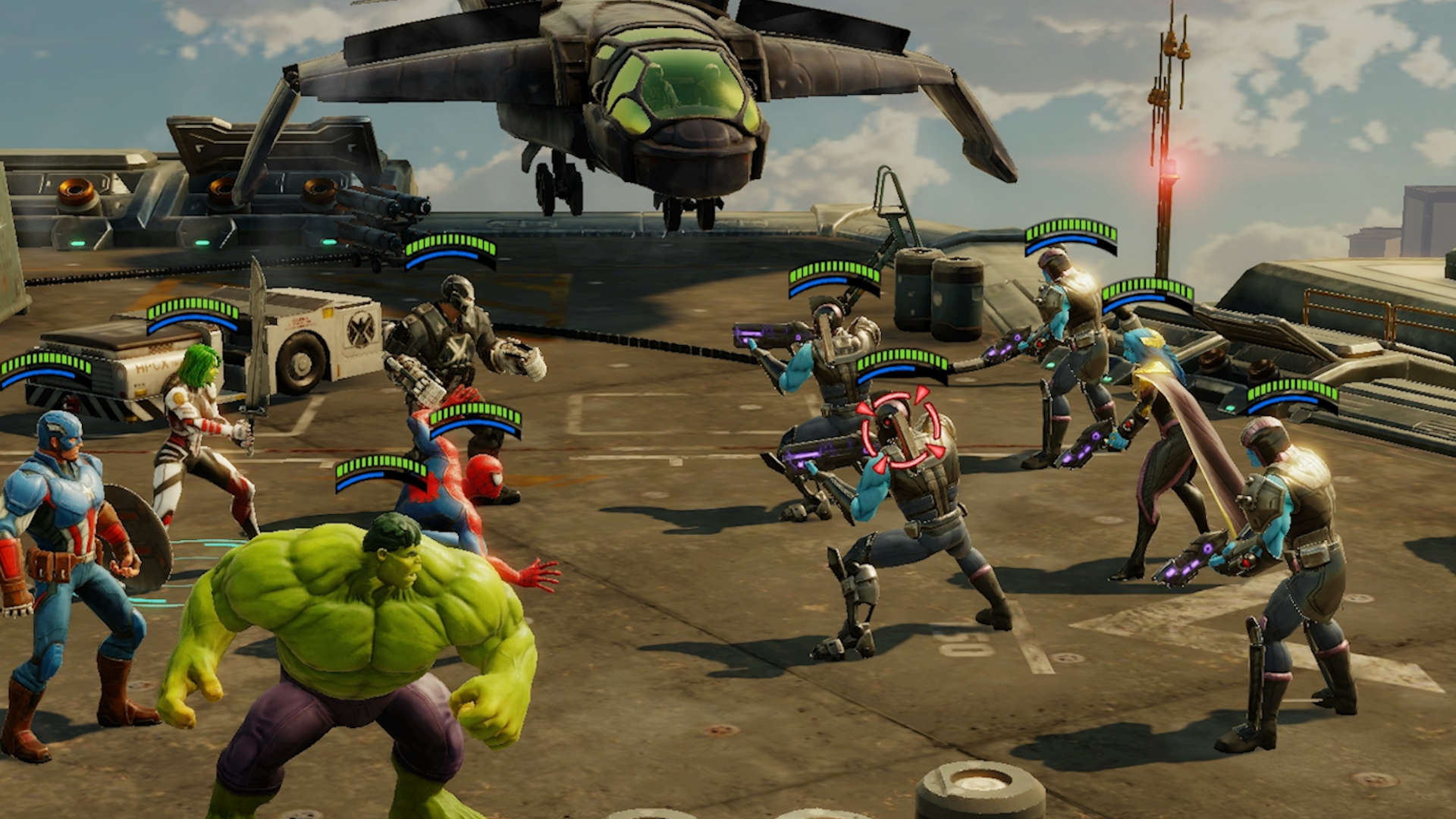Best gacha games: Marvel Strike Force. Image shows a group of Marvel characters in battle, including Captain America and The Incredible Hulk.