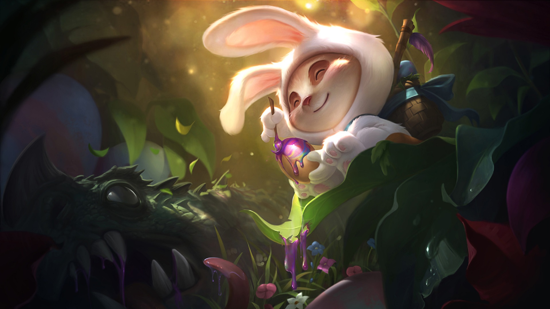 Teemo dressed up as a bunny painting an Easter egg