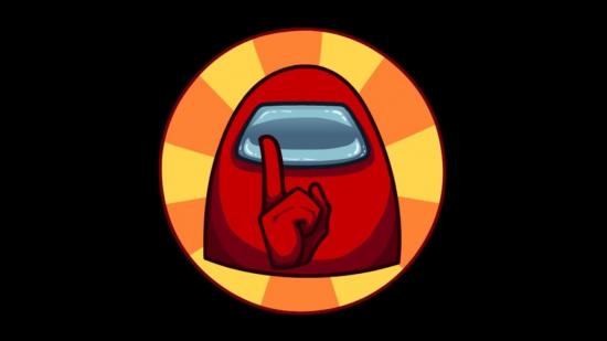 Le logo shush de Among Us avec un coéquipier rouge tenant un doigt devant sa bouche