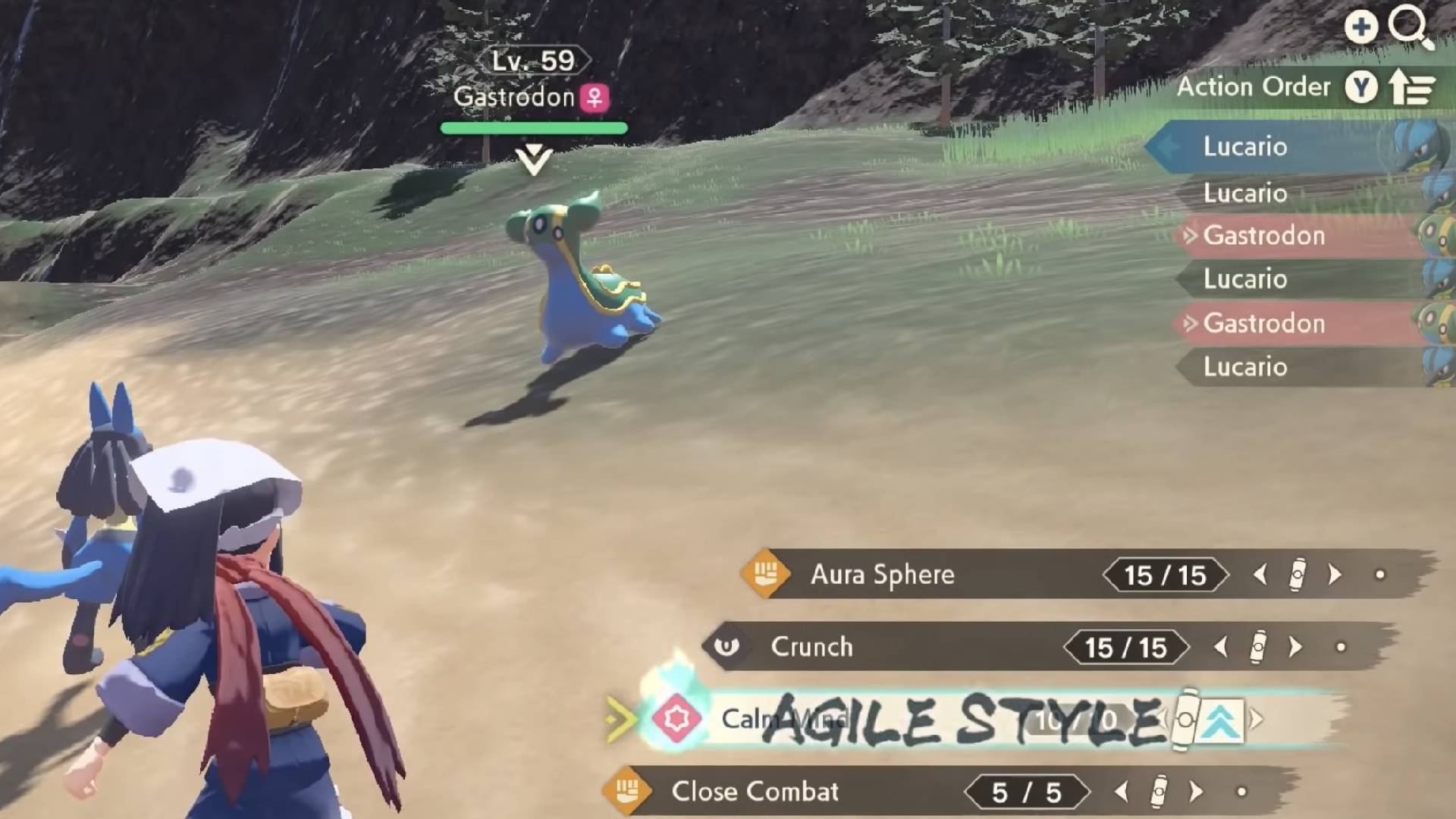 A pokemon trainer is using a Lucario to fight a wild Gastrodon, while the words "Agile Style" appear over a selected move