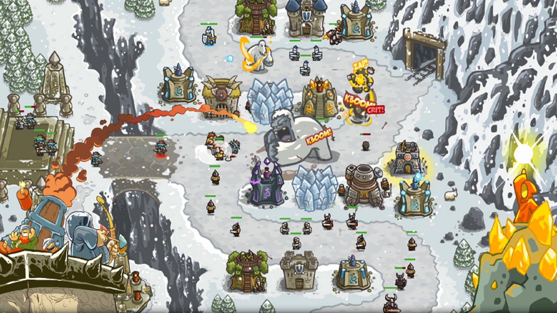 Best mobile games: Kingdom Rush. Image shows a battle taking place in the snow.