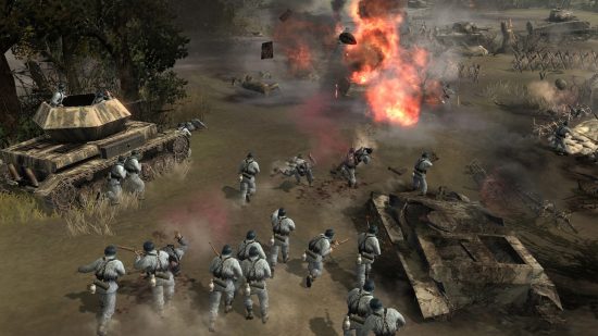 Best mobile war games: Company of Heroes. Image shows a group of soldiers rushing into no-man's land.