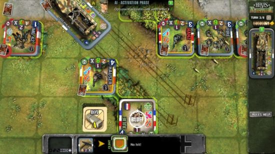 Best mobile war games: Heroes of Normandie. Image shows a grid-based battlefield with units and structures on it.