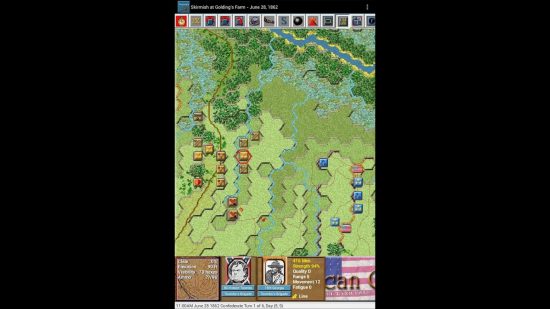 Best mobile war games: John Tiller's Civil War Battles. Image shows an octagonal grid-based map of a sandy area near a grassy area. 