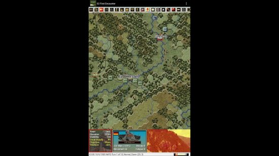 Best mobile war games: John Tiller's Modern Campaigns. Image shows an octagonal grid-based map of the countryside.
