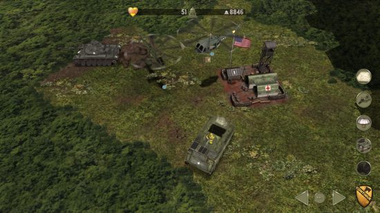 Best mobile war games: Vietnam '65. Image shows cars and helicopters near a jungle army base.