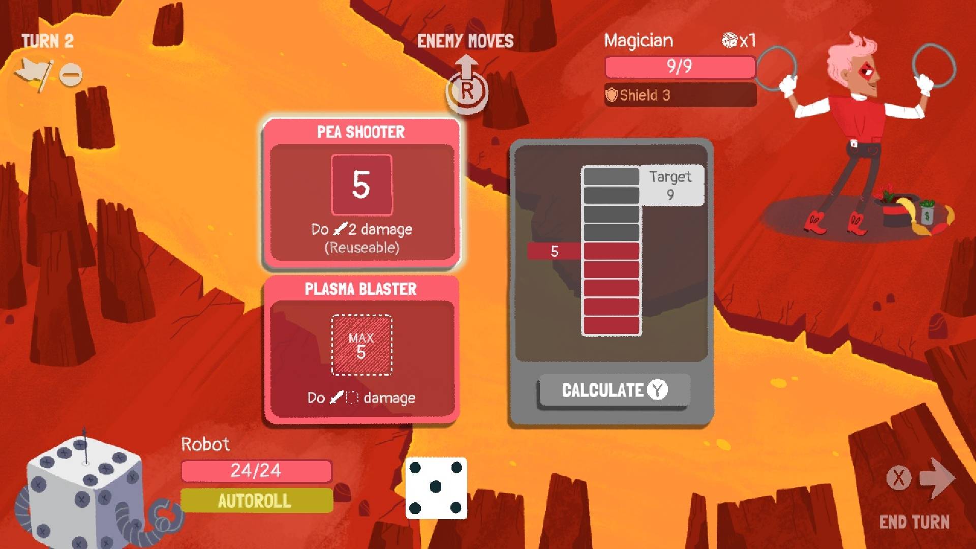 A screen shows a character that looks like a dice preparing to attack an enemy 