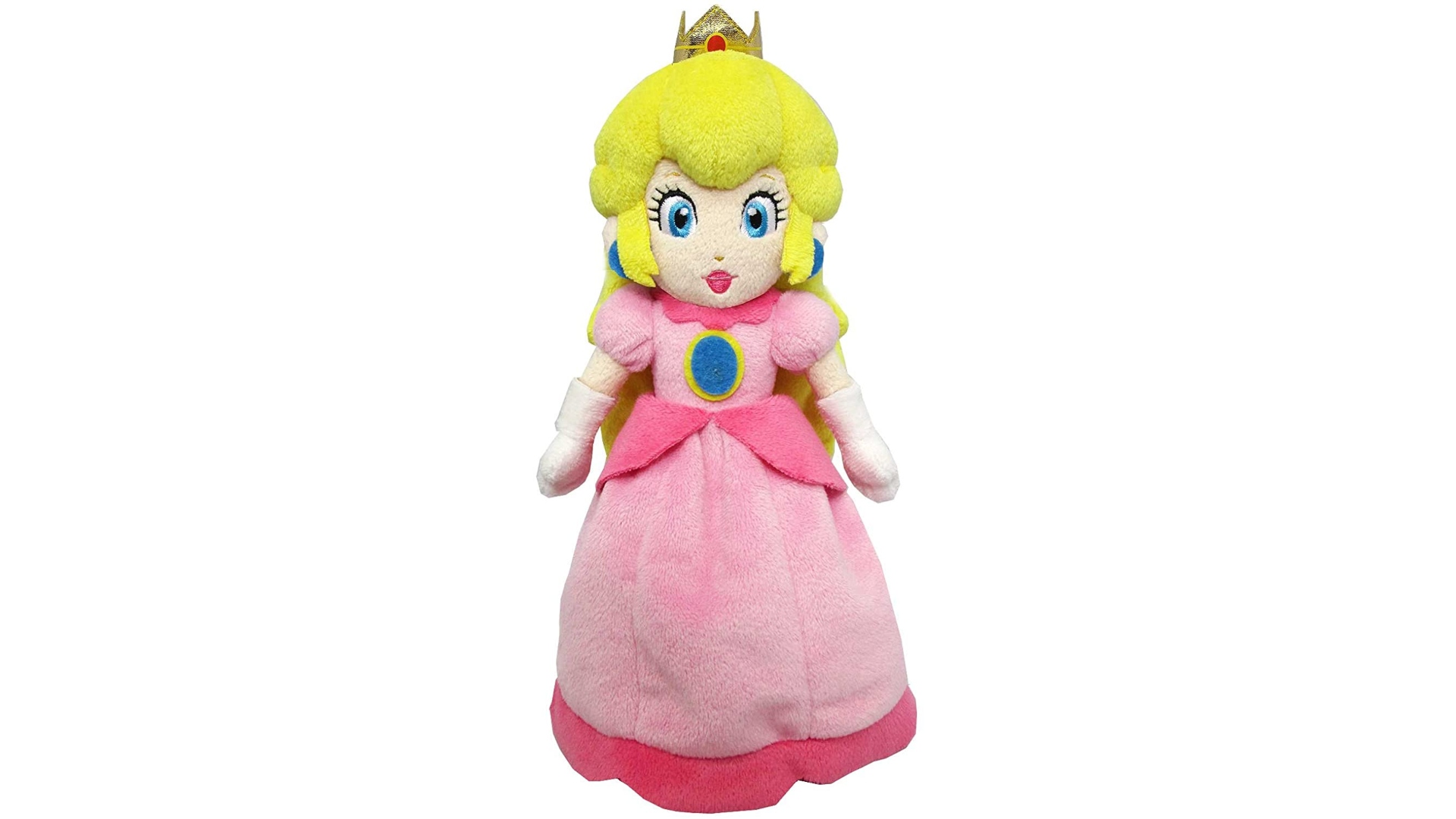 A Princess Peach plush on a white background.