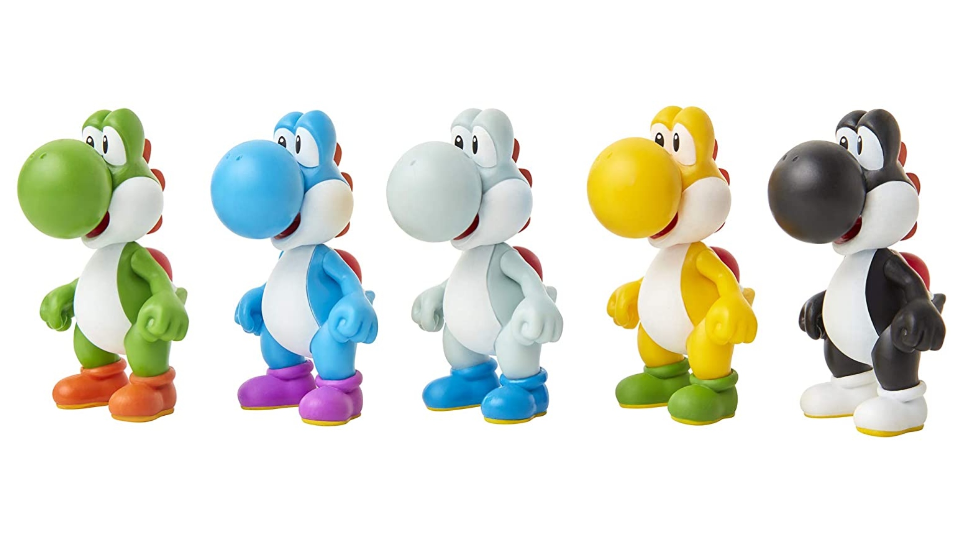 Five Yoshi figures, each is a different colour: green, light blue, white, yellow and black.