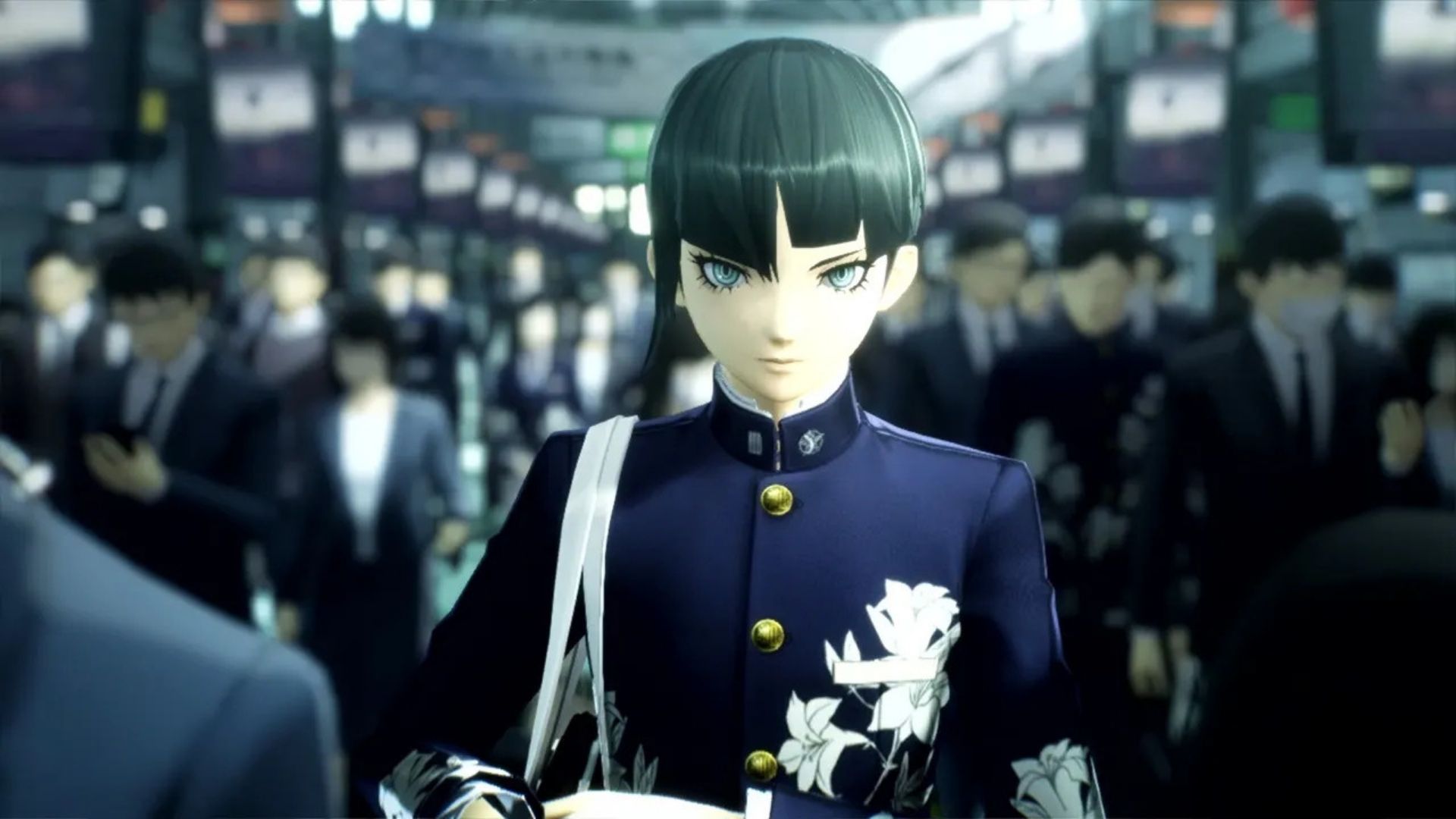 Screenshot from Shin Megami Tensei V, a game like Pokémon, showing a woman in stylish, smart clothes walking through a crowded station.