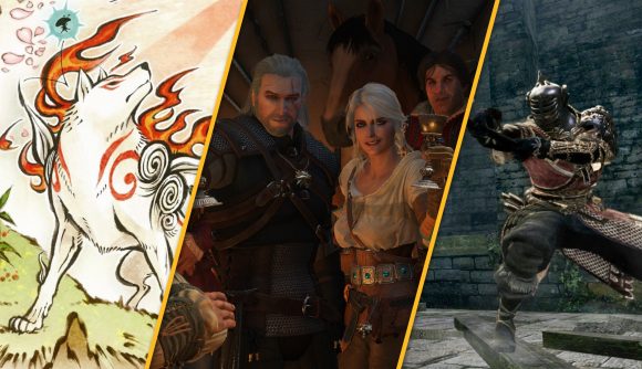Three games like Zelda. On the left, the wolf from Okapi. On the right, a knight from Dark Souls. In the middle, Gerald and Ciri raising a glass from The Witcher 3.