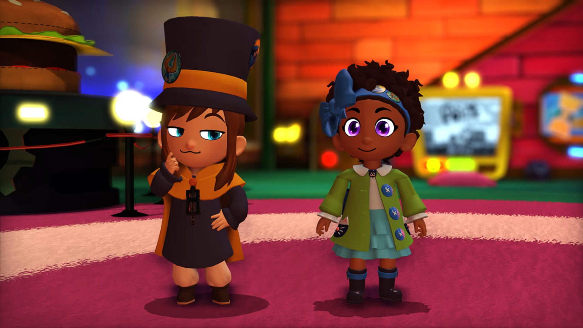 Hat Kid and Bow Kid from A Hat in Time stood in a red room