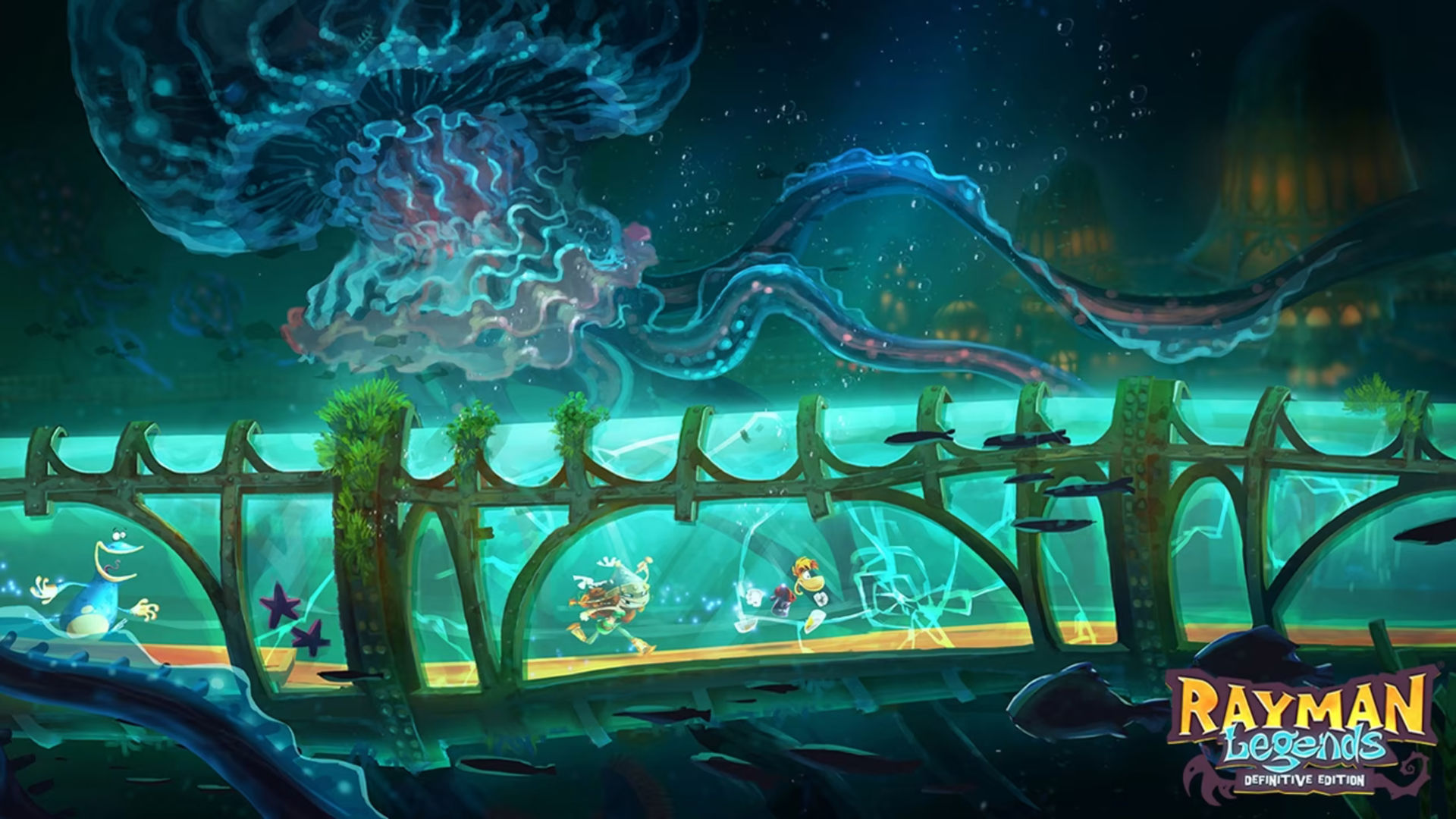 Games like It Takes Two - characters from Rayman Legends running through an underwater tunnel