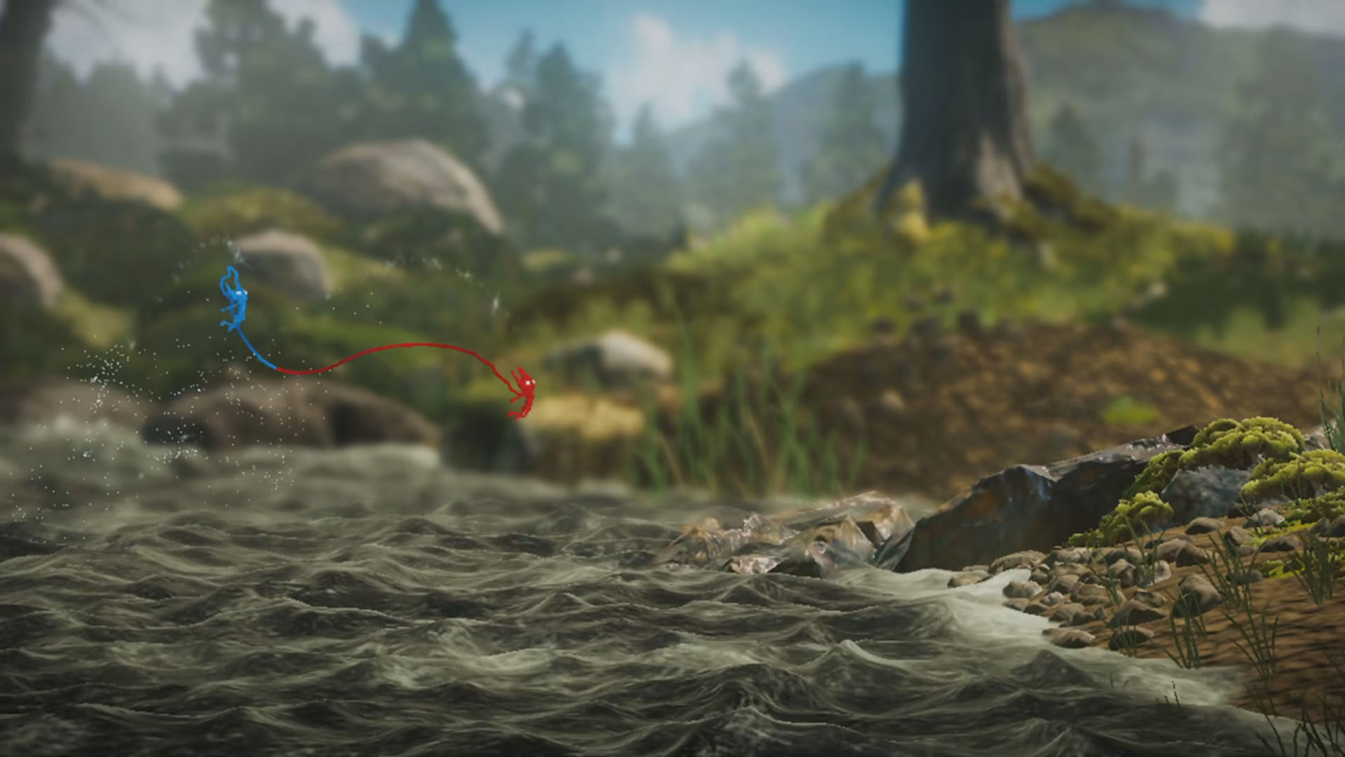 Games like It Takes Two - Two woolen characters from Unravel Two jumping out of the water