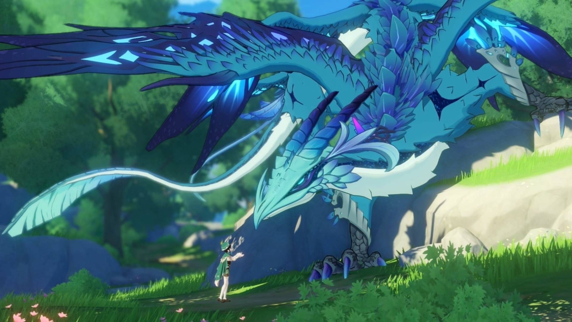 A character from Genshin Impact stroking a giant blue dragon.