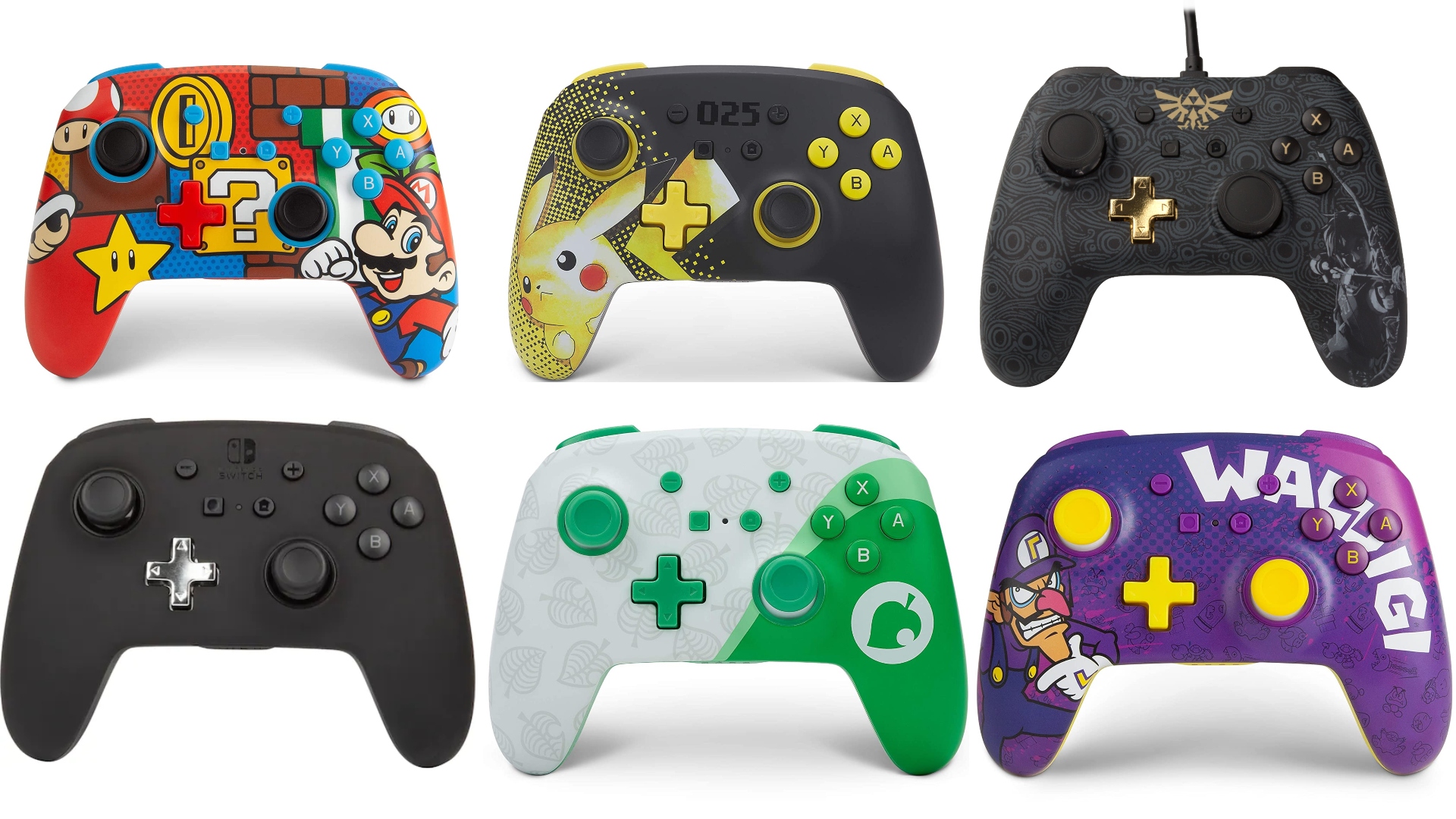 Nintendo Switch Controller drifting? Try PowerA enhanced Switch controllers - image shows a variety of styles, including a Mario controller, a Pikachu controller, a plain black controller, an Animal Crossing controller, and a Waluigi controller.