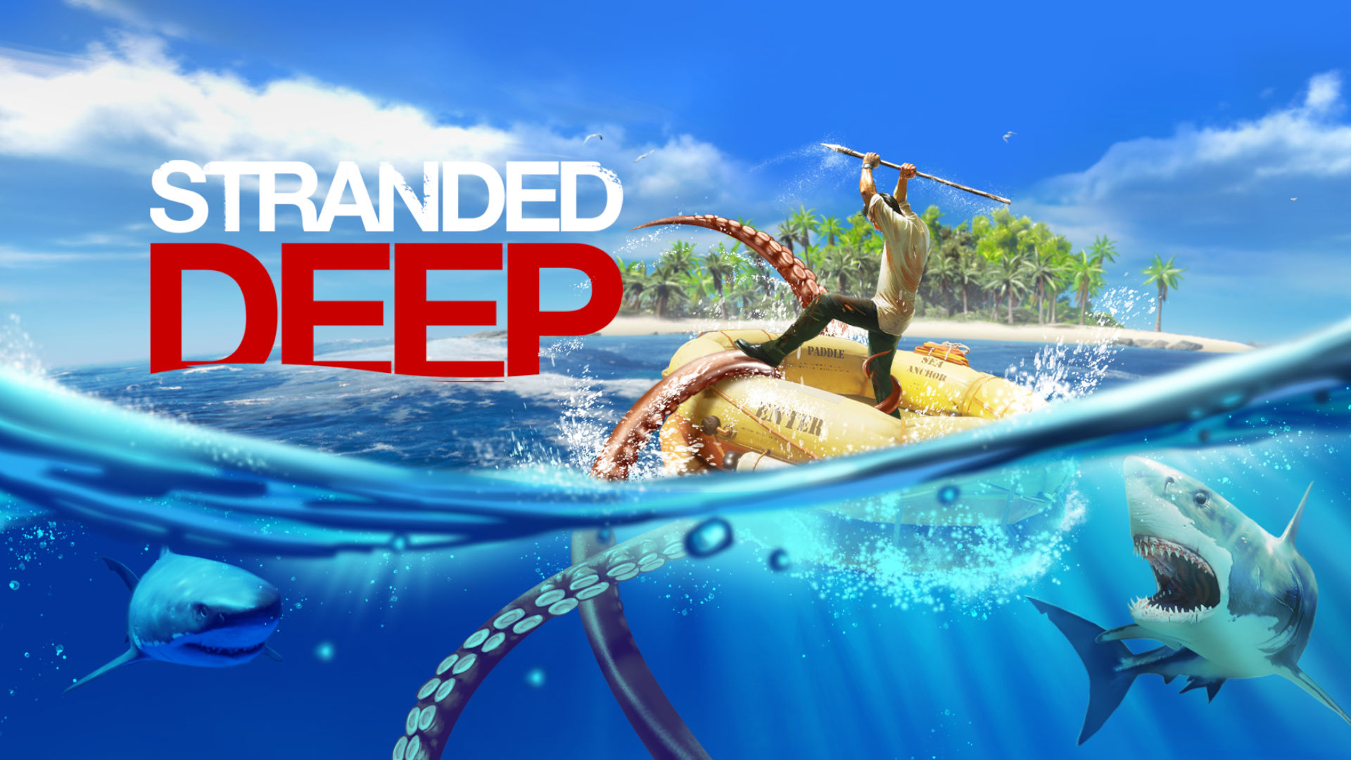 Fishing games - the Stranded Deep logo next to a man fishing in the ocean
