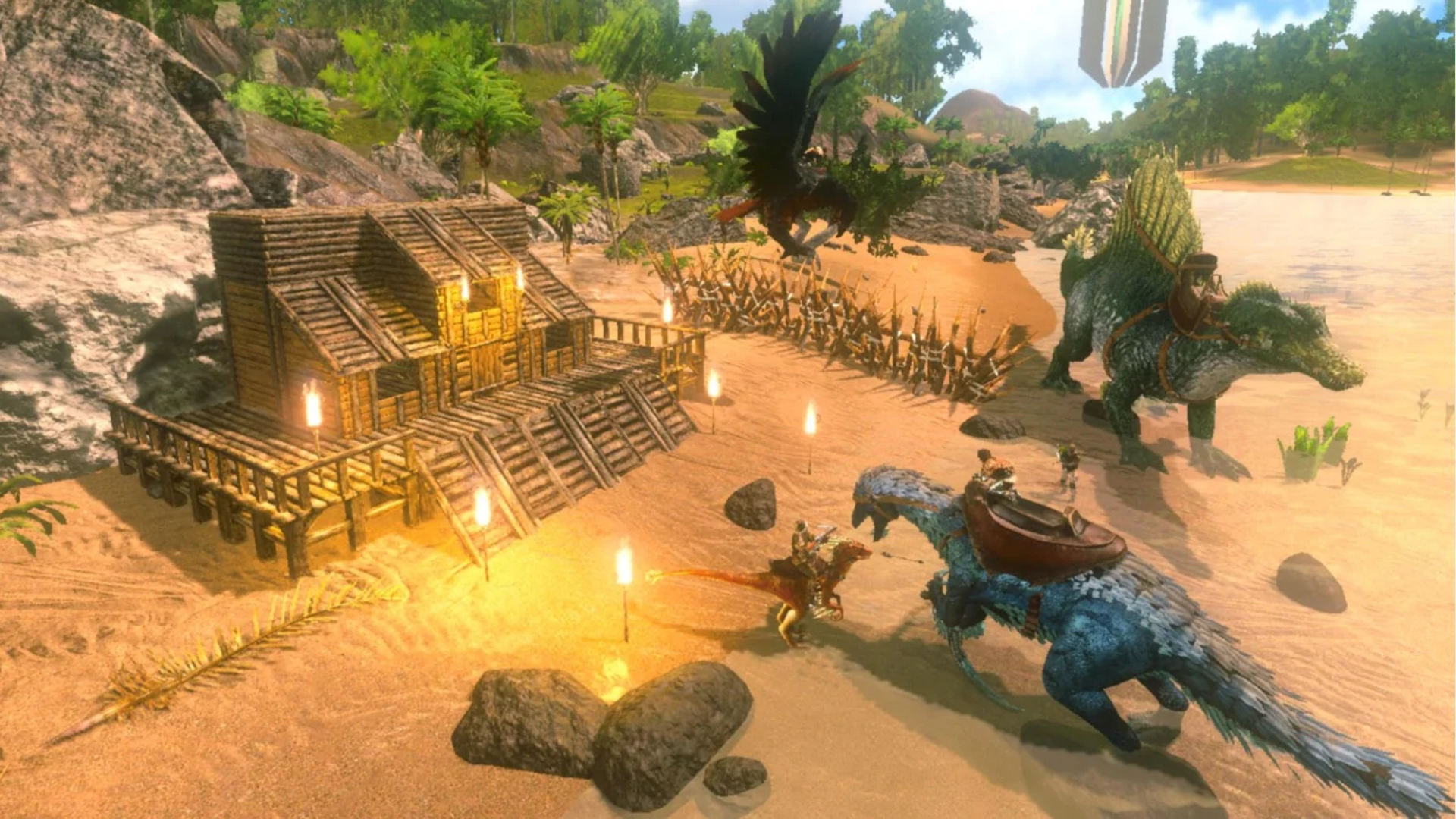 Meilleurs Jeux De Survie Sur Mobile : Ark : Survival Evolved.  L'image Montre Un Dinosaure Près D'une Maison En Construction.