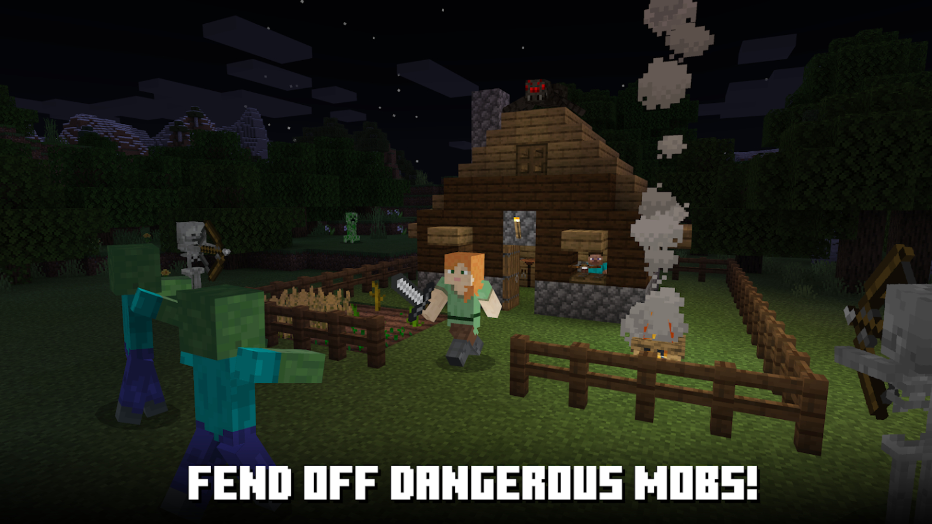 Meilleurs Jeux De Survie Sur Mobile : Minecraft.  L'image Montre Un Personnage Près D'une Maison La Nuit.  Les Zombies Approchent Et Le Texte Se Lit 