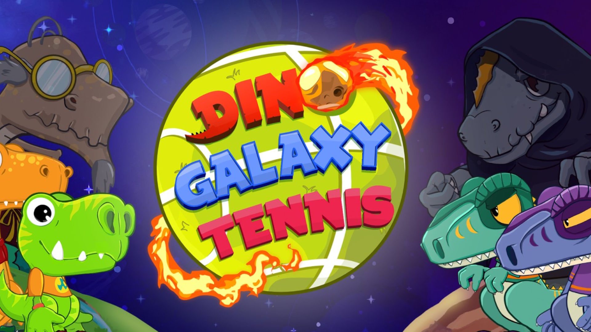 Dino Galaxy Tennis のキーアート、Switch の奇抜なテニス ゲームの 1 つ