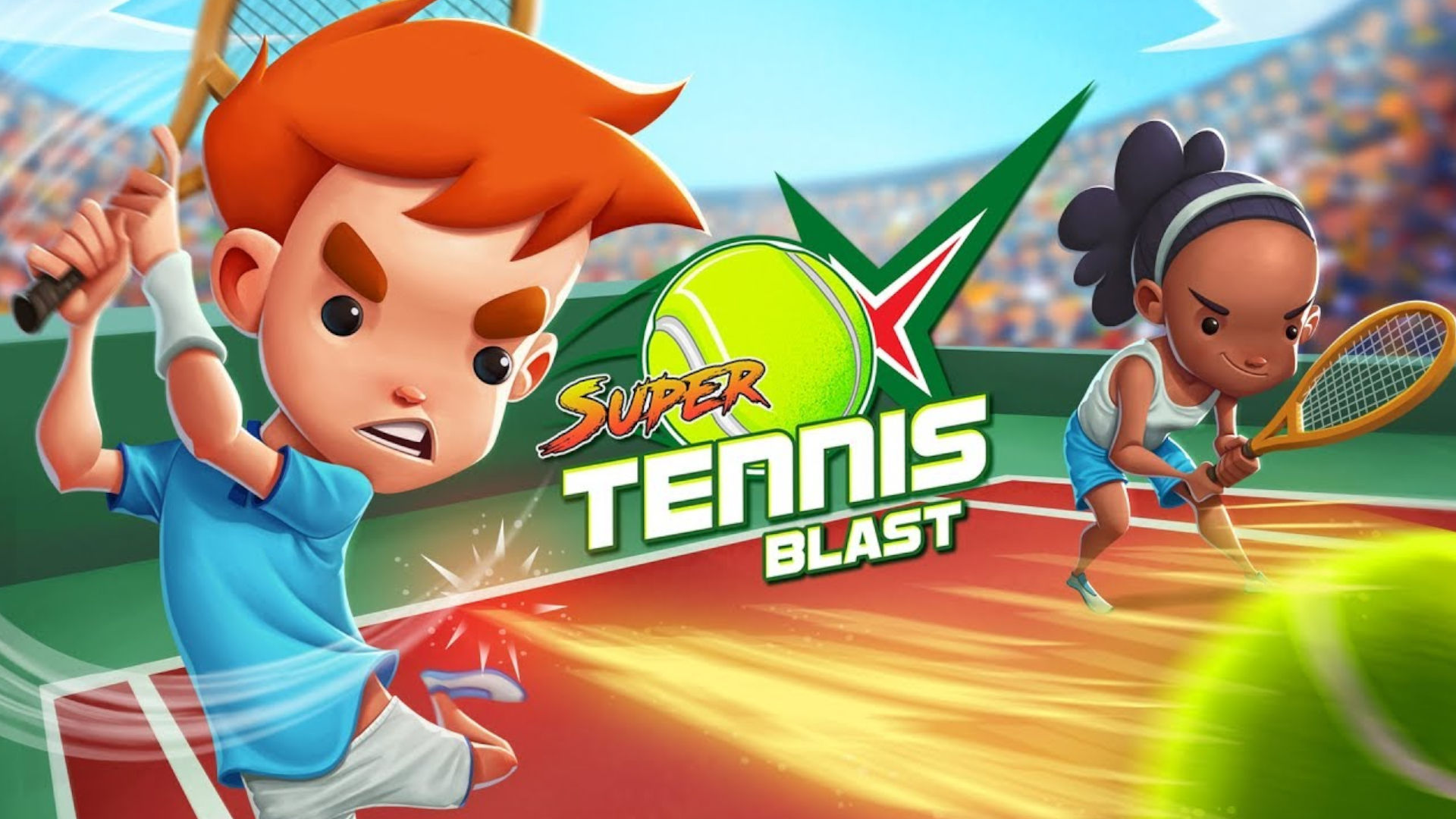 Schlüsselgrafik für Super Tennis Blast, eines der Switch-Arcade-Tennisspiele