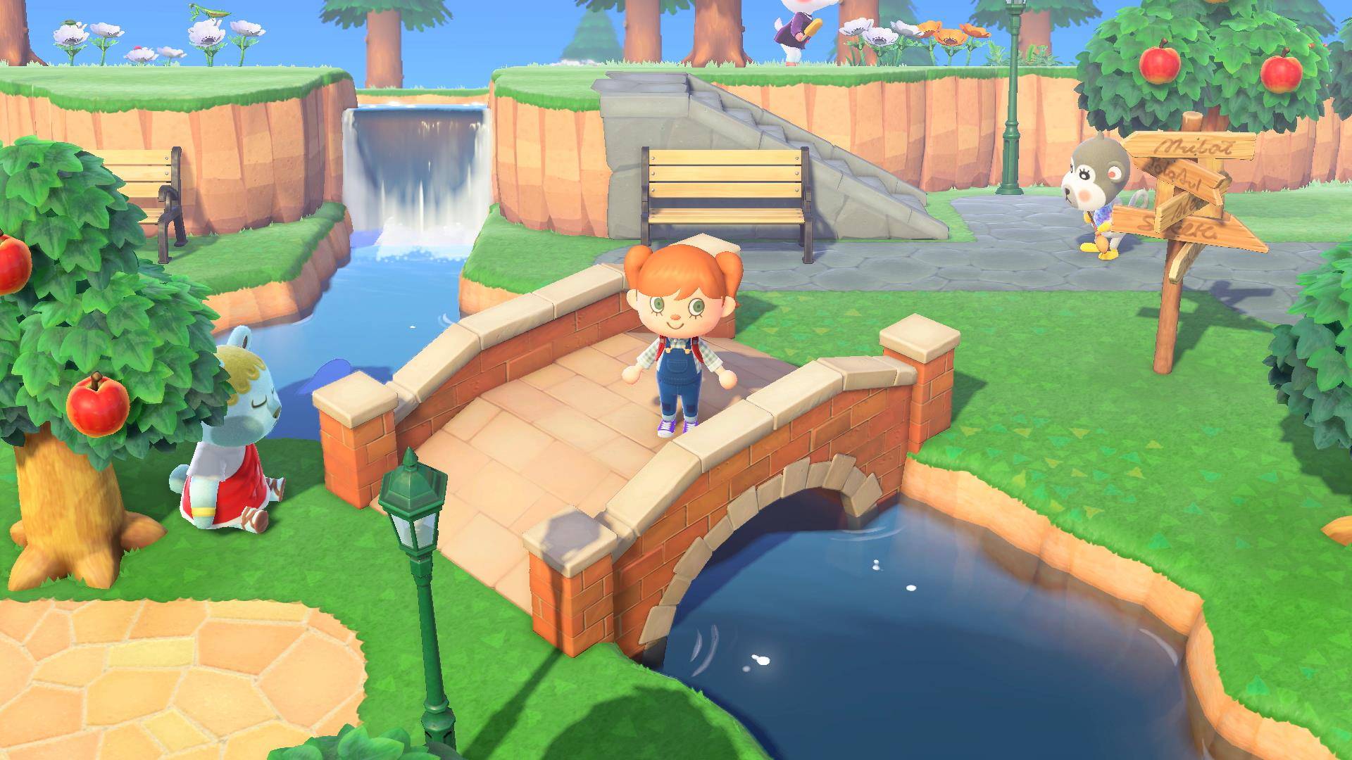 Best Nintendo Switch games: a cute female character indungarees standsin a bridge inanimal crossing 