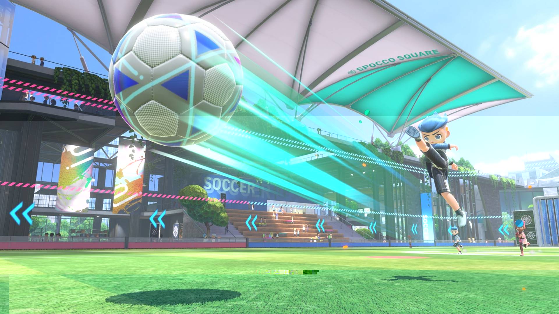 Los mejores juegos multijugador de Switch: una captura de pantalla de Nintendo Switch Sports muestra a un jugador que patea una pelota de fútbol hacia el espectador.