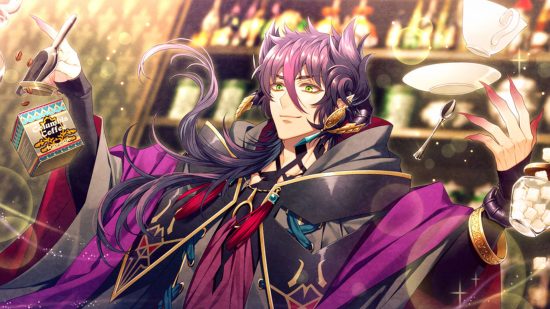 A screenshot from on of the best Otome Games, Cafe Enchante, showing a character in a cafe with coffee floating in front of him