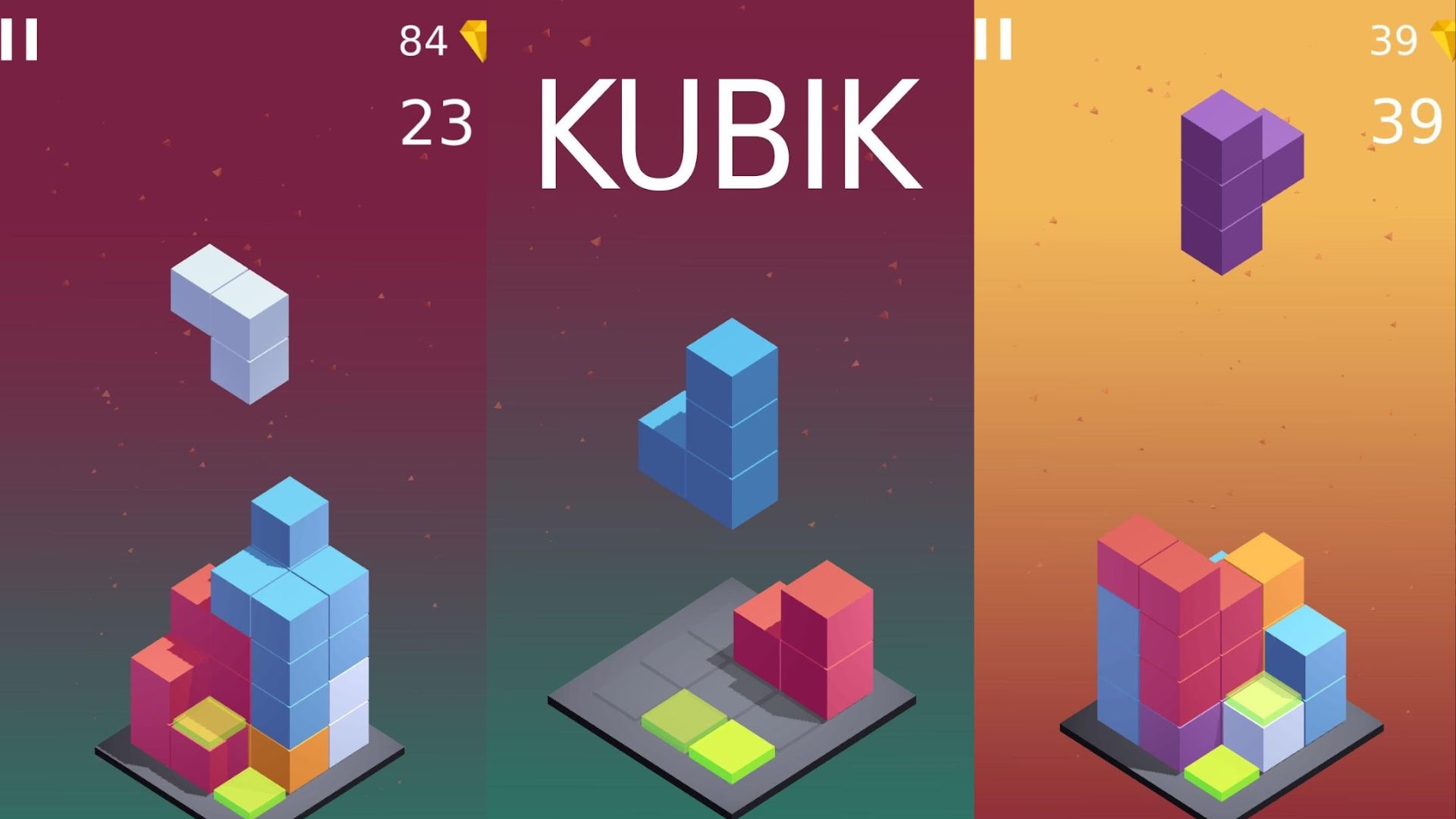 One of the many Tetris games, Kubik, a 3D version of Tetris. Three screens are shown in the image, each showing a 3D tower being built out of Tetris blocks. The logo for Kubik is in the middle of the middle screen.