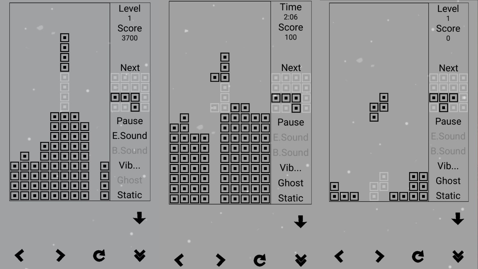One of the many Tetris games, Classic Blocks, a simple, greyscale Tetris. There are three screens mid-game, with blocks falling into the grid, various scores and menu options, and touch controls at the bottom.