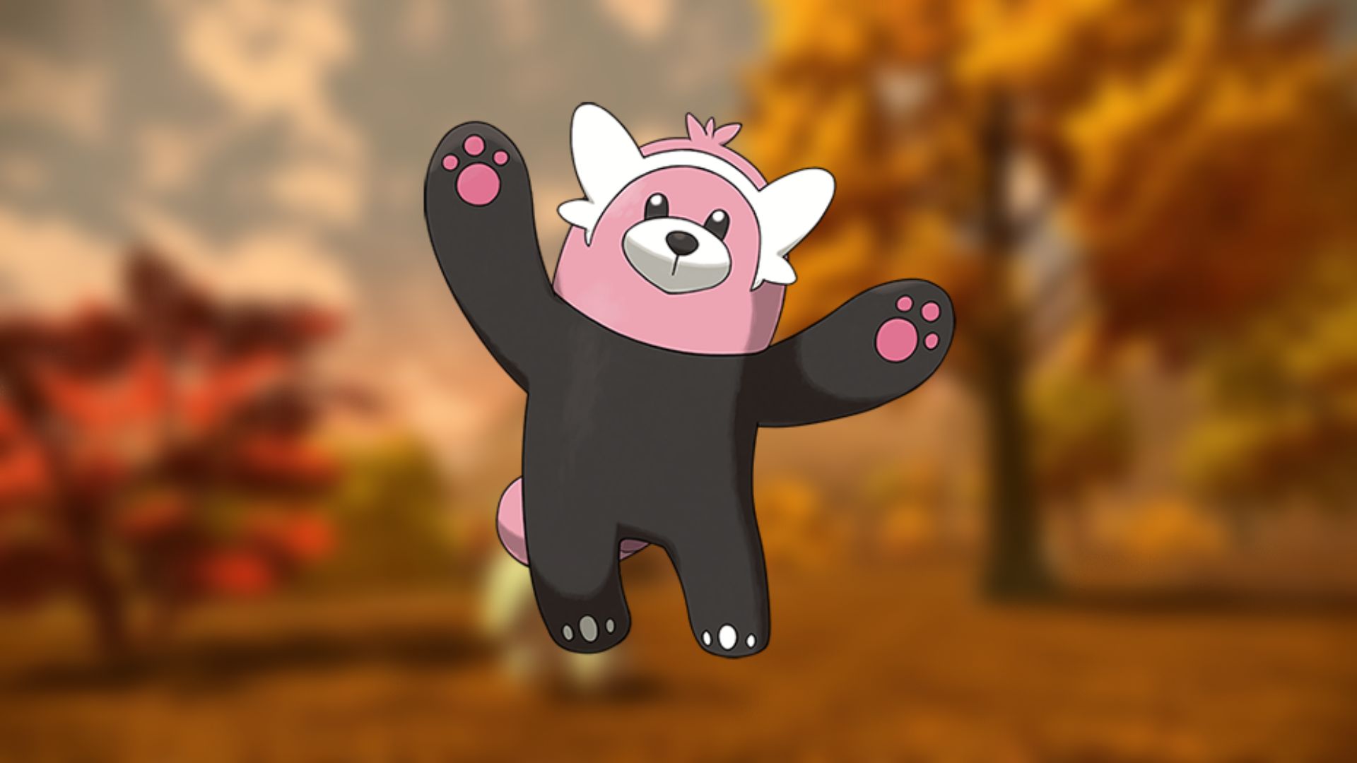 Custom image of Bewear waving on an autumnal background for cutest Pokemon guide