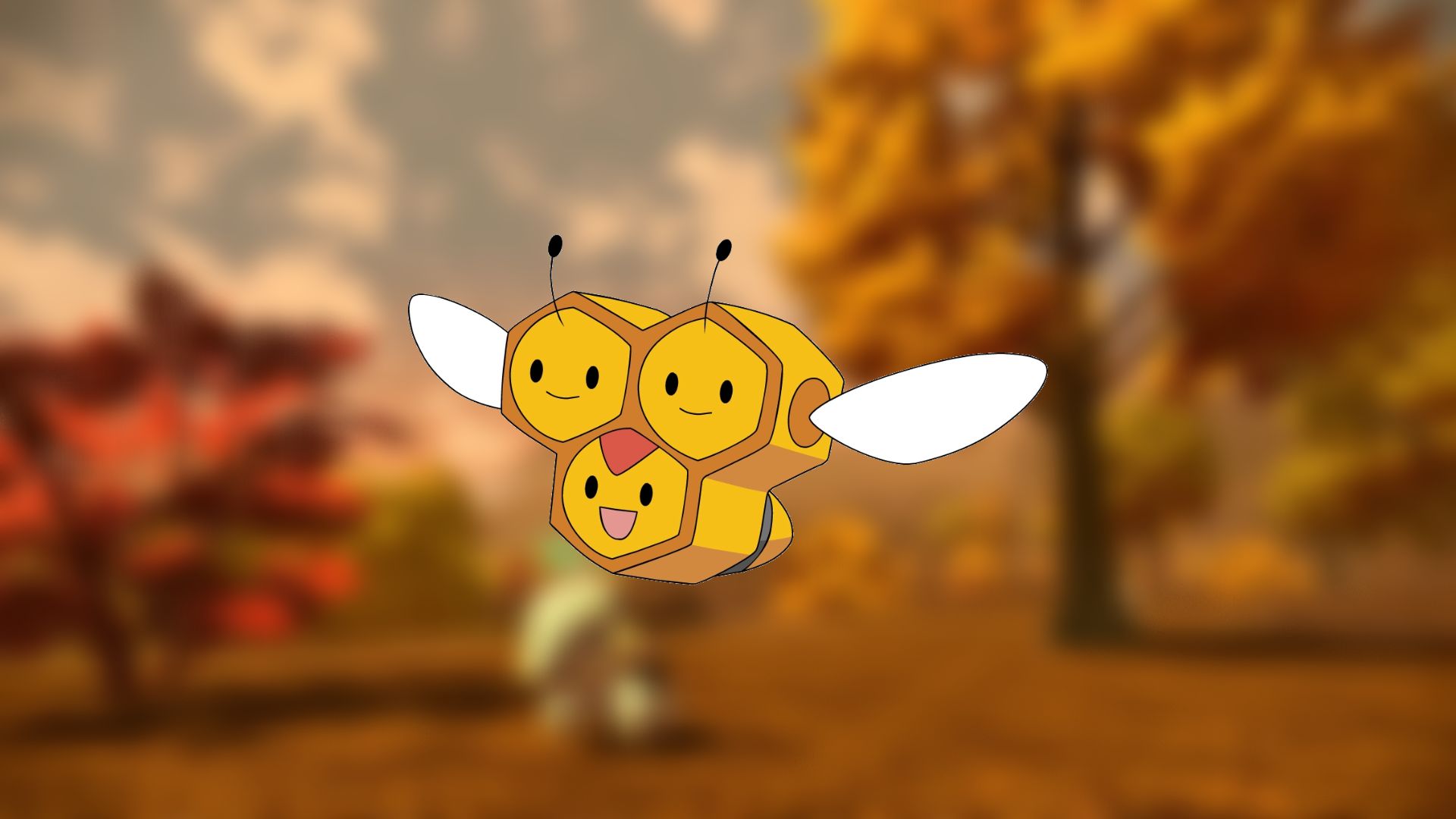 Cutest Pokémon - Combee. Its official artwork is over blurred scenery from Pokémon Legends: Arceus.