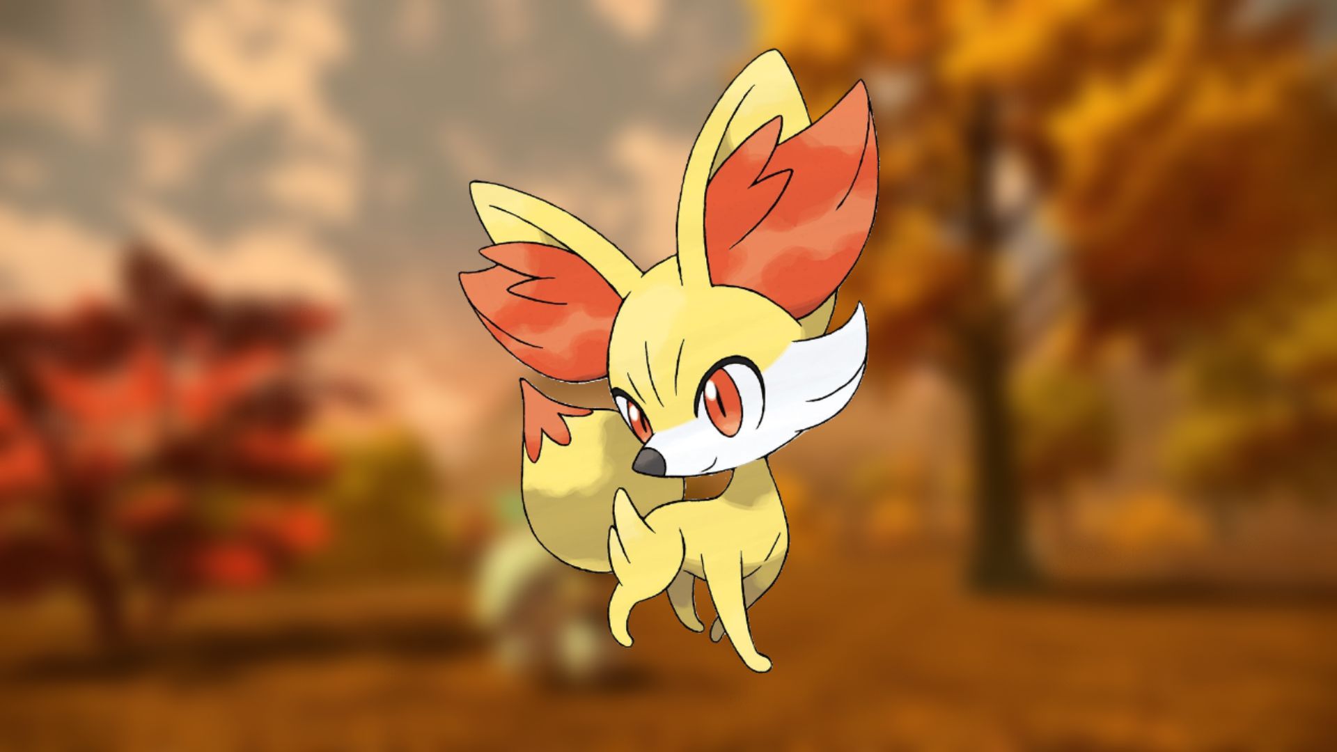 Cutest Pokémon - Fennekin. Its official artwork is over blurred scenery from Pokémon Legends: Arceus.
