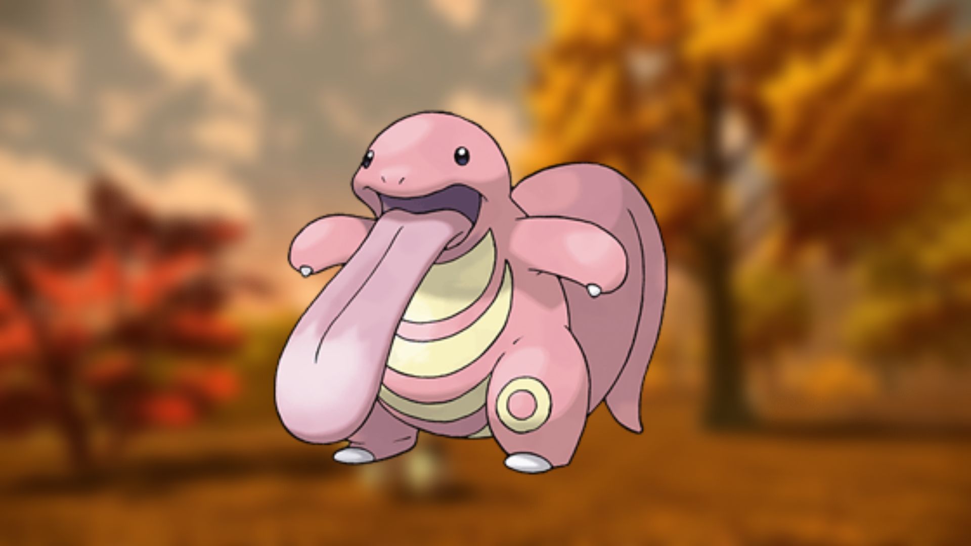 Cutest Pokémon - Lickitung. Its official artwork is over blurred scenery from Pokémon Legends: Arceus.