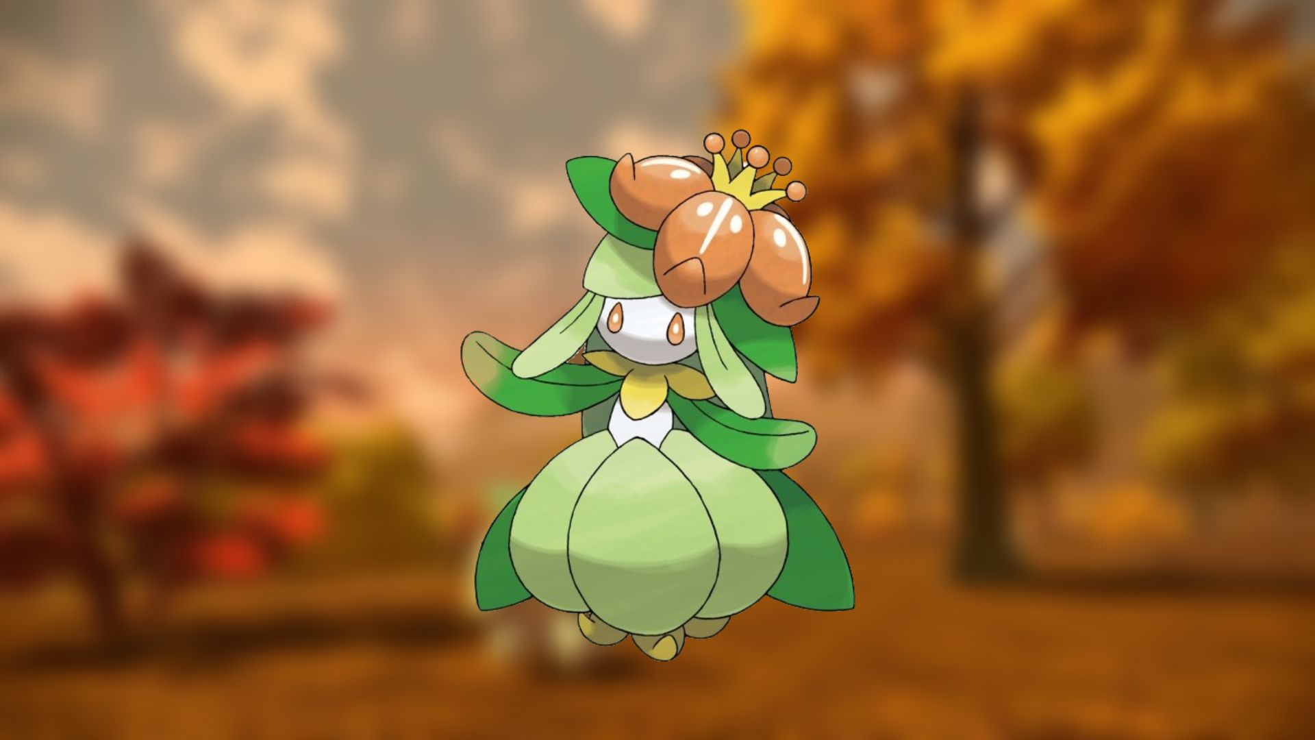 Cutest Pokémon - Lilligant. Its official artwork is over blurred scenery from Pokémon Legends: Arceus.