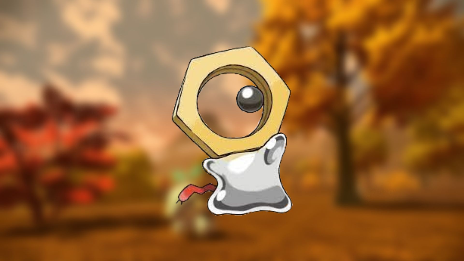 Custom image of Meltan waving on an autumnal background for cutest Pokemon guide
