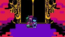 Deltarune characters Kris, Asreil, and the protagonist by a large black door in the underworld