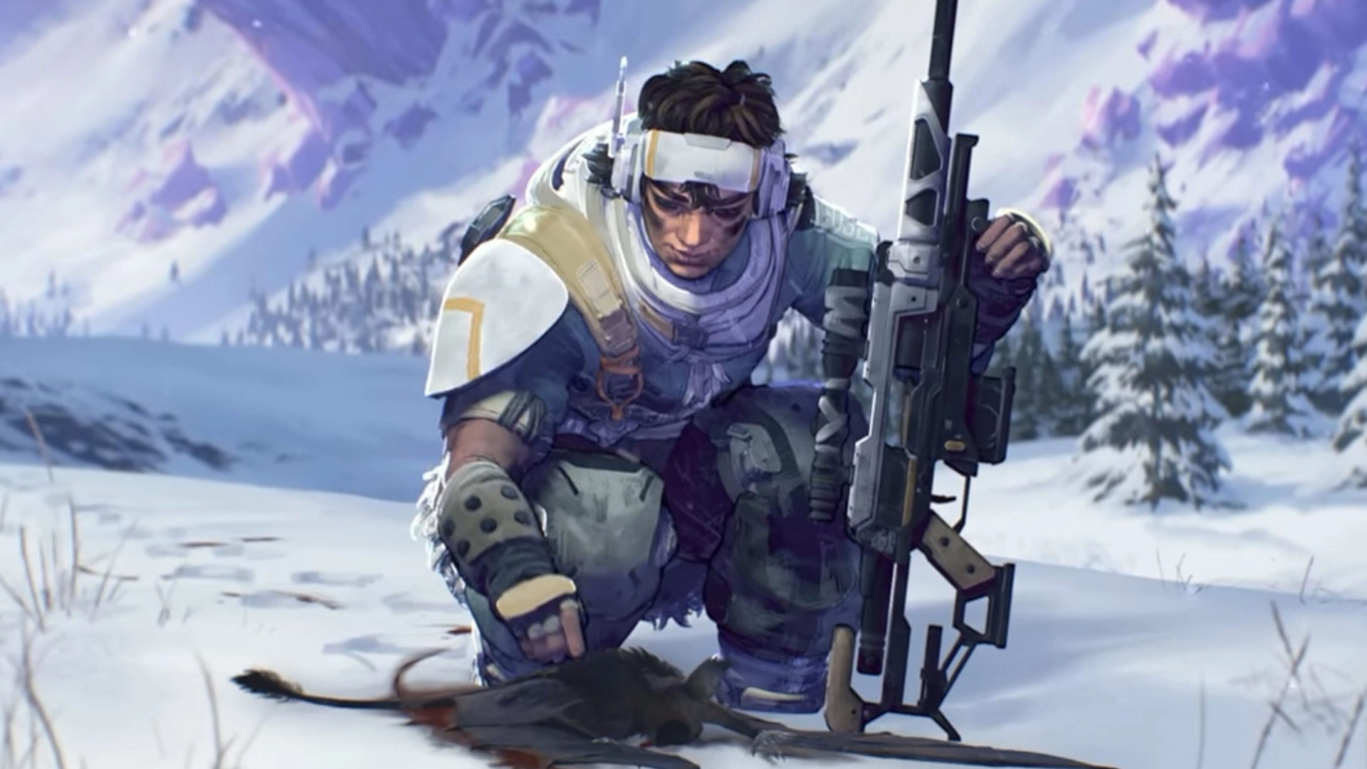 Apex Legend character Vantage surveying a trapped animal while surviving in the snowy wilds