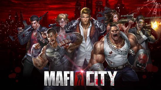 Best Mafia games: Mafia City. Image shows a group of criminals near the game's logo.,