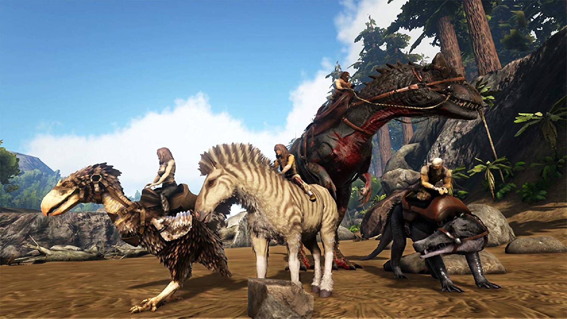 サンドボックス ゲーム: キャラクターが銃で武装した恐竜に乗り、他の動物たちを駆け抜けます。 