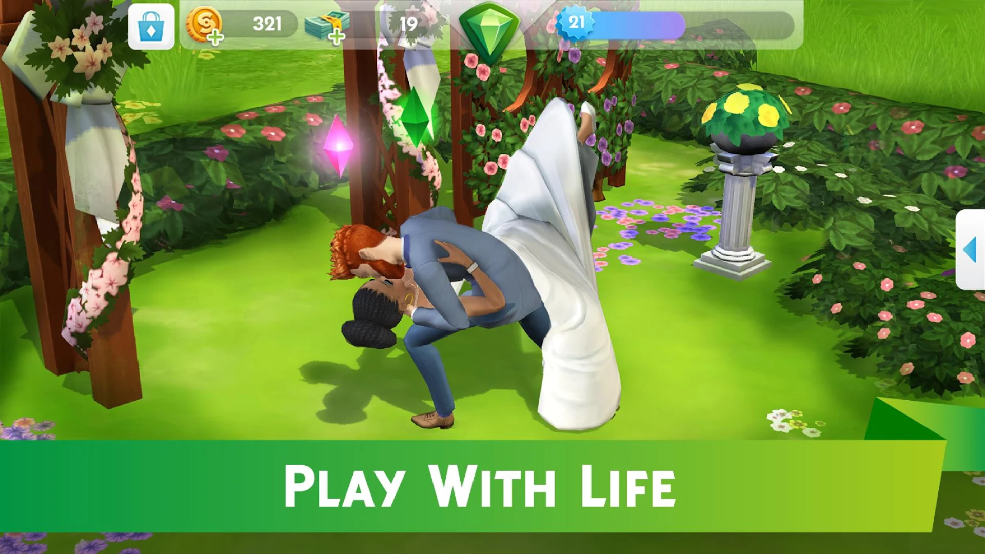 Girl games - a bride and groom getting married in a garden in the Sims