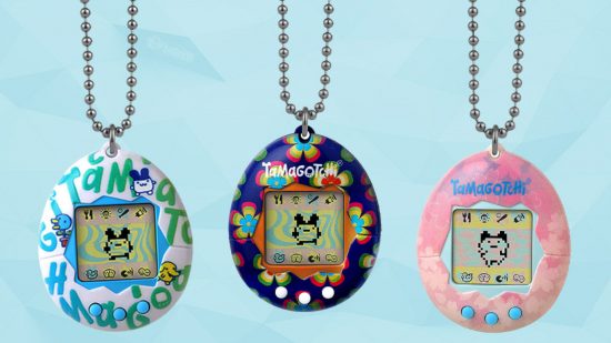 Promo art of a another trio of original Tamagotchis but on a blue background