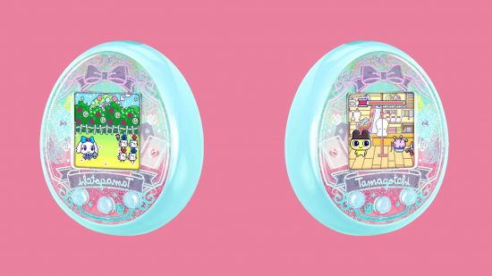 2 Tamagotchis in a row on a pink background. They are blue egg-shaped things with three buttons at the bottom and a colour screen.