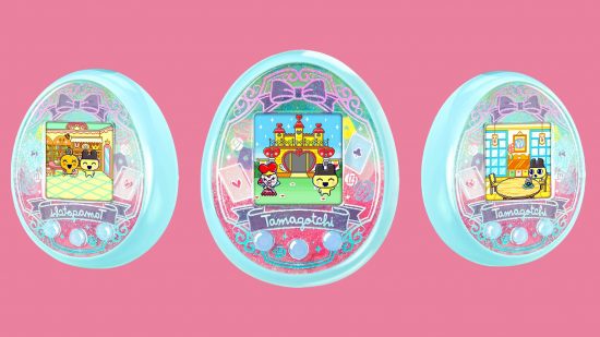 3 Tamagotchis in a row on a pink background. They are blue egg-shaped things with three buttons at the bottom and a colour screen.
