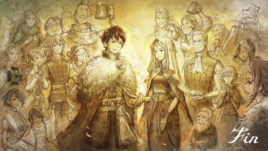 Triangle Strategy golden route: Key art for the game shows the main cast of characters, joined collectively in a triumphant ending.