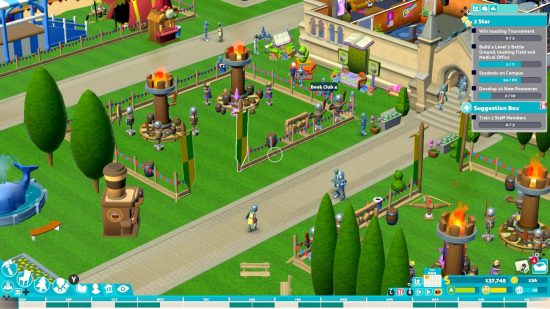 Beste Sandbox-Spiele: Ein Screenshot von Two Point Campus zeigt ein großes Gebäude und viele Charaktere, die darum herumlaufen